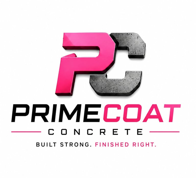 PrimeCoat Concrete logo featuring pink and gray interlocking letters PC with tagline Built Strong. Finished Right.