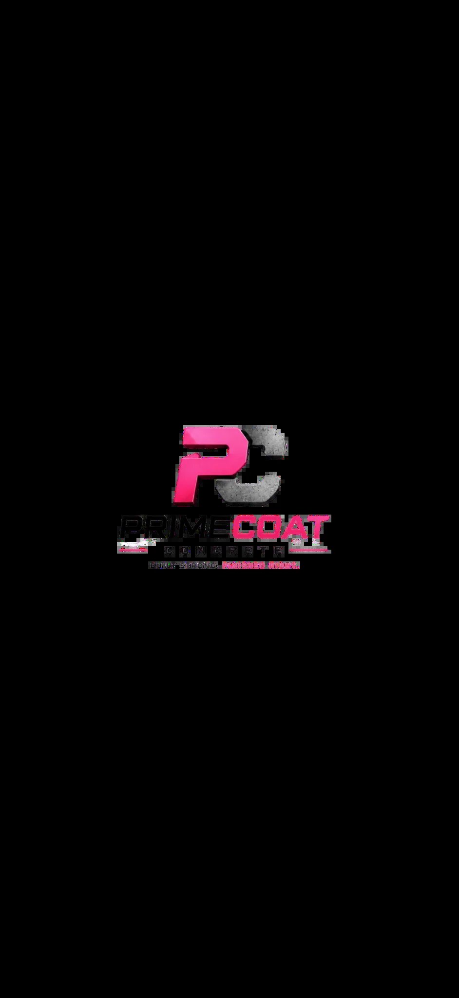 PrimeCoat Concrete logo featuring pink and gray interlocking letters PC with tagline Built Strong. Finished Right.